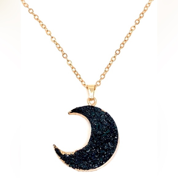 Jewelry - Black Faux Druzy Drusy Crescent Moon Pendant 20” Chain Necklace NWT Foiled Resin